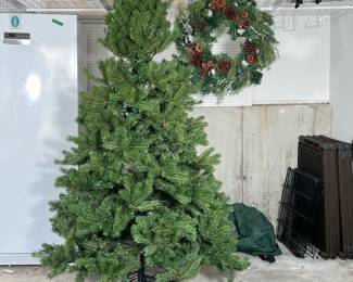 (2pc) CHRISTMAS TREE & WREATH | Artificial Christmas tree in rolling case and decorated wreath with pine cones and ornaments - h. 78 in