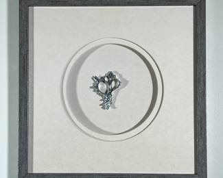 FRAMED SHELL CASTING | Metal seashell casting framed in shadow box, 8in. sight - w. 16 x l. 16 in (frame)