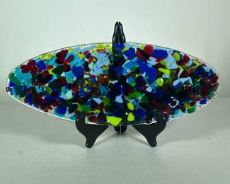 ART GLASS TRAY | Colorful art glass oval tray made of various colorful melted glass - w. 6.25 x l. 16 in