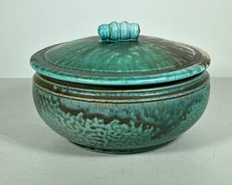SIGNED ART POTTERY LIDDED BOWL | Raku glazed art pottery bowl with lid & signature on bottom - h. 6 x dia. 9 in