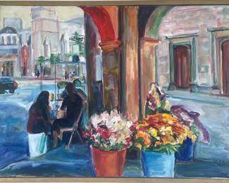 L READ OIL PAINTING | Flower shop. Oil on canvas. Signed "LREAD" lower right - w. 29.5 x l. 39 x dia. frame in