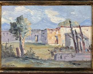J.F. Santana Oil Painting | Mexican village. Oil on board. 5.75 x 8.5 in sight. Signed lower left, marked on verso. - w. 11 x l. 14.25 x dia. frame in