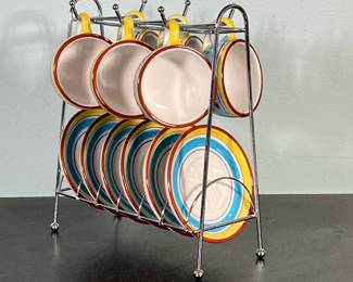 (12pc) FORME COFFEE CUP SET | Including 6 colorfully decorated teacups with matching saucers in metal frame - h. 9.5 x w. 4 x l. 8 in