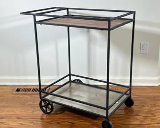 BAR CART | Rolling bar trolley with wood top shelf and metal lower shelf - h. 42 x w. 19.5 x l. 30 in