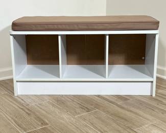 STORAGE BENCH | Wood storage bench with foam cushions over 3 cubbies - h. 19 x w. 14 x l. 36 in