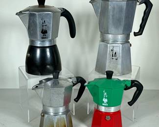 (4pc) BIALETTI ESPRESSO POTS | Lot of 4 Bialetti stovetop espresso pots of various sizes, made in Italy - h. 9.5 x w. 5 x l. 8 in