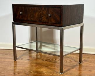 ETHAN ALLEN SIDE TABLE | Having full-width drawer over glass shelf with burl wood veneer - h. 25 x w. 15.5 x l. 25 in