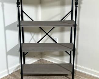 WOODEN ETAGERE | Having metal frame with x-stretcher on back and 4 open shelves. - h. 4 x w. 14 x l. 29 in