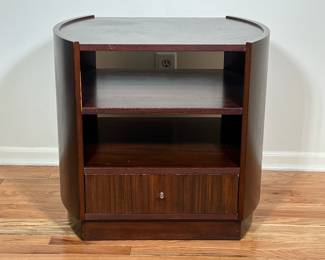 ETHAN ALLEN SIDE TABLE | Having 2 open shelves over drawer and curved sides - h. 24.5 x w. 21 x l. 26 in