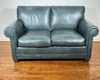 CLASSIC LEATHER LOVESEAT | Azure green leather 2-cushion sofa/loveseat from Classic Leather, nearly new purchased 2022! - h. 38 x w. 36 x l. 62 in