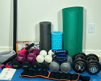 MIXED WORKOUT EQUIPMENT | Including: 3lbs, 10 lbs, 12lbs, 2 pair of 15lbs, dumbbells, wrist & ankle weights, yoga mat, foam rollers, and more!