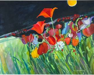 W. HOSKING PAINTING | My Imaginary Spring Garden. Mixed media on paper. 21 x 29 in. sight. Signed and dated lower right, titled on verso - w. 31.5 x l. 39.5 in (frame)