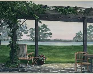 LINDA LUKE WATERCOLOR PRINT | On the patio
Watercolor print on paper. 17 x 23.5 in sight. Signed & numbered “6/100” lower right - w. 28.5 x l. 34.5 in