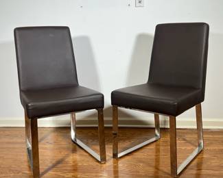 (2pc) PAIR BROWN LEATHER SIDE CHAIRS | Pair of brown leather side chairs with metal vase - h. 36 x w. 19 x l. 20 in