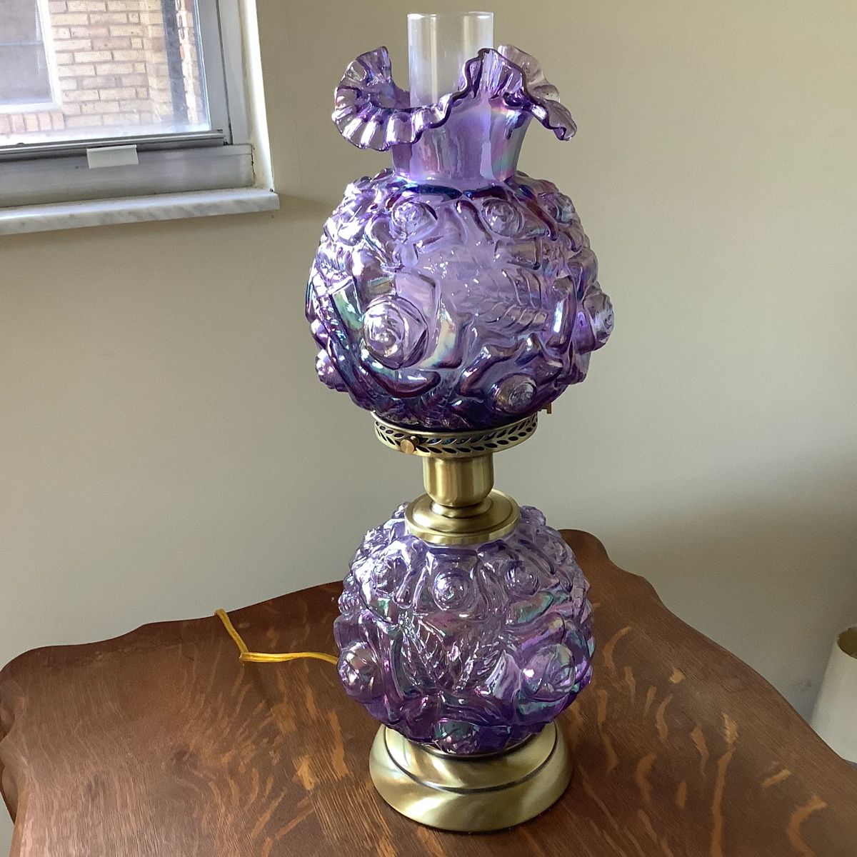 Rare Fenton Cabbage Rose Amethyst Dichroic Lamp