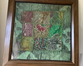 Hand embroidered patchwork fabric art