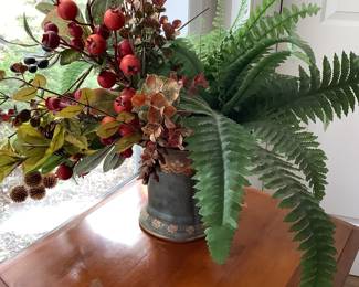 Hand Painted Toyo Porcelain Urn With Faux Ferns, Pomegranates, Gum Balls And Fall Foliage