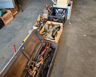 Lovely and sturdy antique box with twist drill bits.