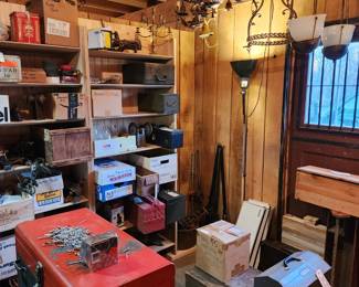Chandeliers and so many tool boxes. 