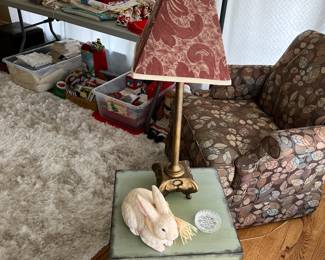 Wood shabby-style chest (green); nice selection of lighting to be sold.