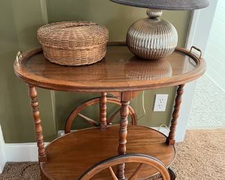 Vintage rolling tea art with glass tray.