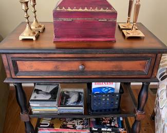 End/accent tables; vintages brass candlesticks.