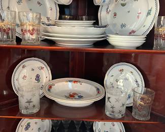 Aynsley fine English bone china, “Famille Rose” pattern (bottom and center shelf); china by Richard Ginori (top shelf).
