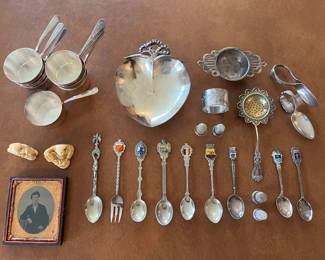 Silverplate items; two netsuke sculptures; antique photo in frame.