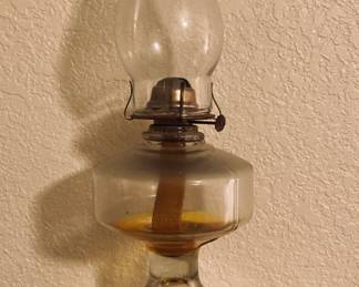 Antique Vintage Clear Glass & White Flame Brass Kerosene Oil Lamp w Shade