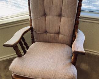 Traditional Style Cushioned Flat Arm Oak Glider.