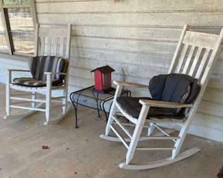 Large Wood Porch Rockers. Metal End Table.