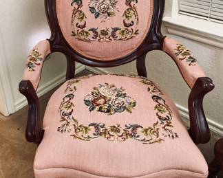 Antique Victorian Needlepoint Carved Walnut & Tapestry Parlor Arm Chair,