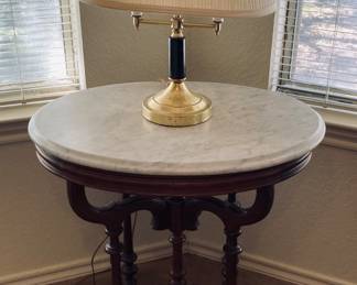 Victorian Marble Top Table. Vintage Table Top Lamp.
