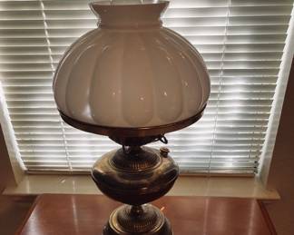 ANTIQUE RAYO LAMP with New White Melon shade & glass chimney -
