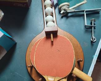 Vintage ping pong paddle set and table