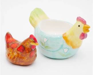 Pair of Ceramic Chicken Egg Bowls by Dennis East with Red Clay Chicken Figurine