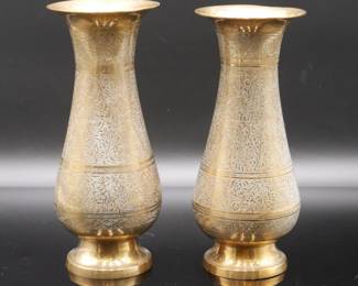 Pair of Ornate Etched Brass Vases