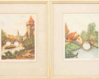 Pair Of Framed Etchings French Village By Bouvray