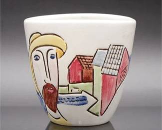 Vintage Swedish Pottery Hand Painted Vessel "Fisherman" By Carl Harry Stalhane