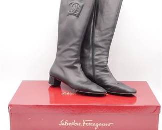 Salvatore Ferragamo Black Leather Knee-High Boots Size 8.5 AA