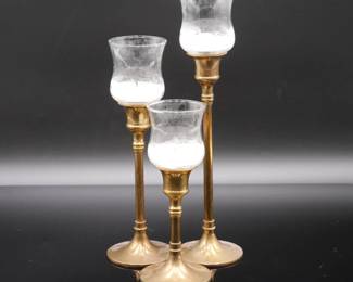 Set of 3 Brass & Glass Candle Holders