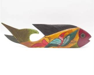 Hand-Painted Mexican Folk Art Wooden Fish Sculpture