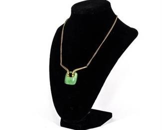 Trifari Marbled Green Lucite Square Pendant w/Gold-Tone Chain Necklace