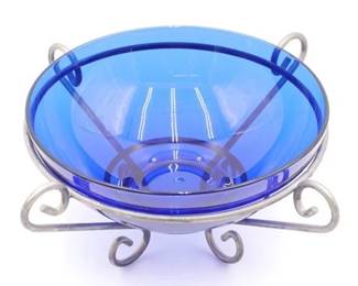 Cobalt Blue Glass Bowl w/Metal Stand
