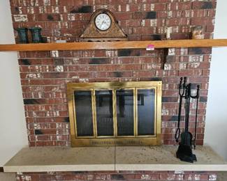 Fire Place Content W/ Cast Iron Fire Place Tools, Book Ends, Quartz Clock