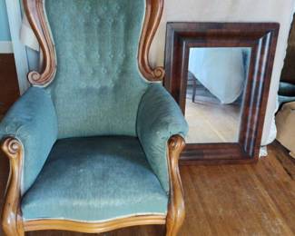 Antique Upholstered Chair Framed Mirror 