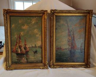 Pair of Vintage Sailboat Oil Paintings in Gilt Frames Signed 