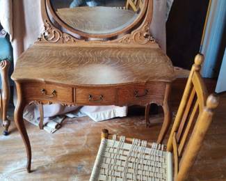 004 Vintage Oak Dressing Table Mirror  Pine Chair