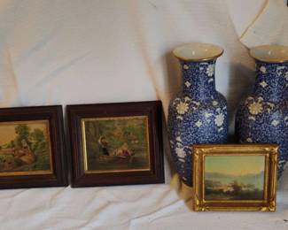 Two Vintage Porcelain Vases, 2 Prints Wood Frames and 1 Oil In Gilt Frame,