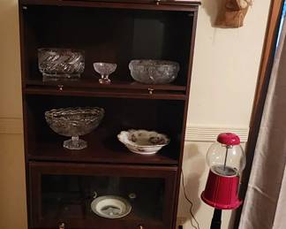 Gum ball machine, wood/metal milk bottle crate, some nice crystal pieces